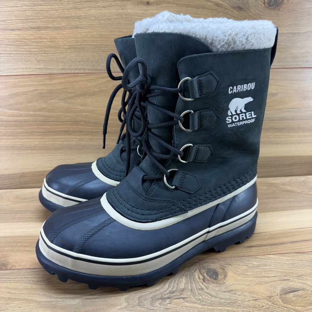 Sorel Caribou Snow Boots Womens 8.5 Black Nubuck Wool Lined Winter Waterproof